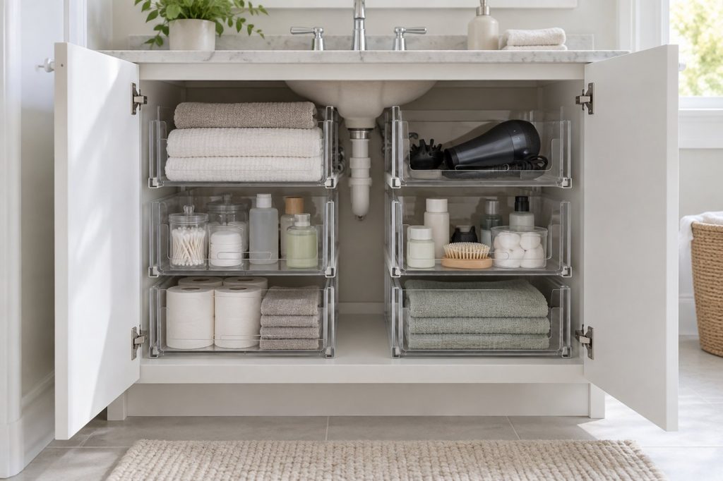 An open bathroom vanity organized with clear plastic sliding drawer bins holding towels and spare toiletries