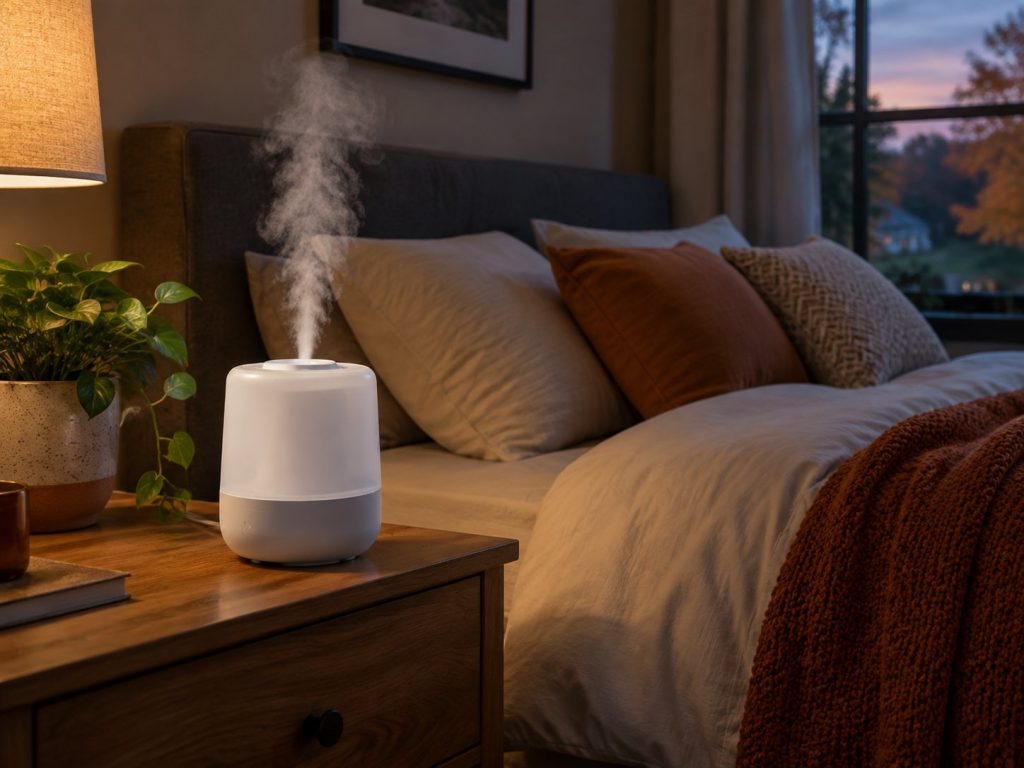A white cool mist humidifier running on a wooden nightstand beside a bed at dusk