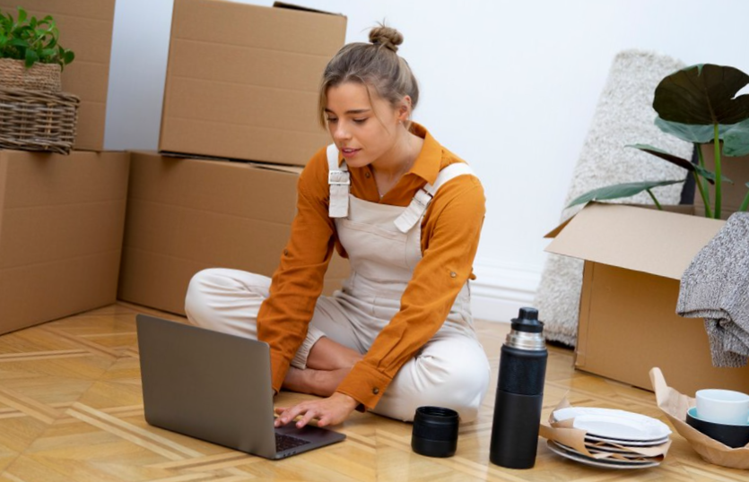 Young woman moving in new home