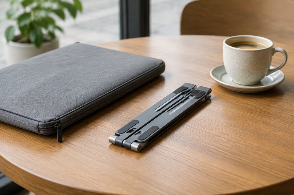 A slim folding laptop stand folded flat next to a laptop sleeve and coffee cup on a cafe table