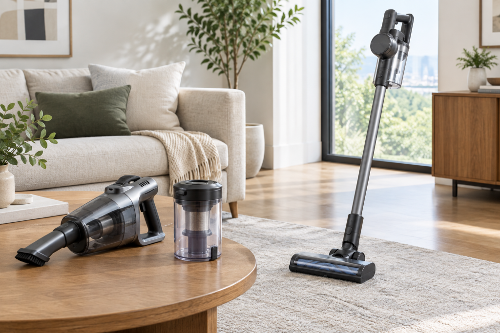 Unbranded cordless stick vacuum with detached handheld and dust bin; illustrative image