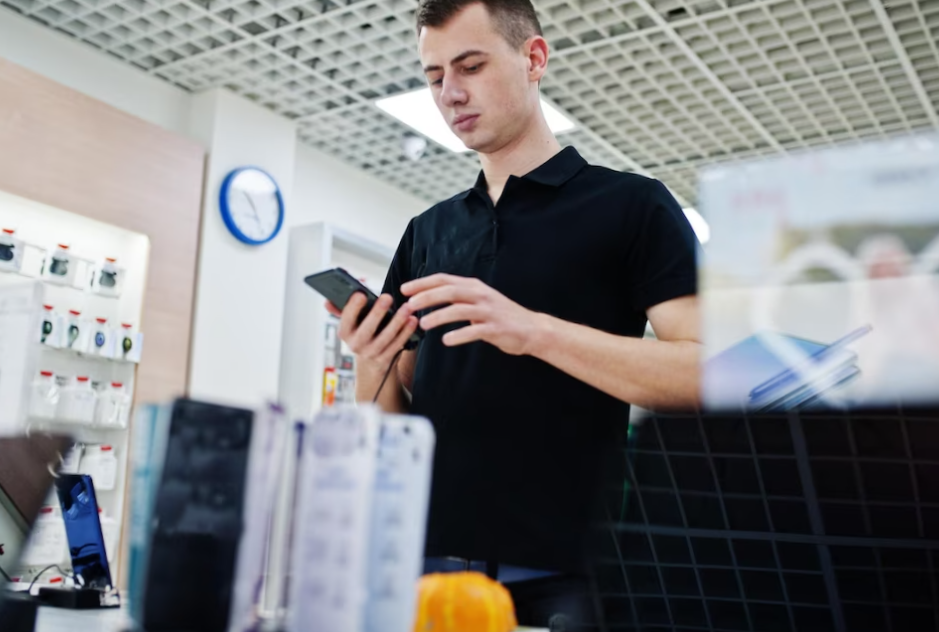 seller man mobile phone professional consultant in tech store or shop