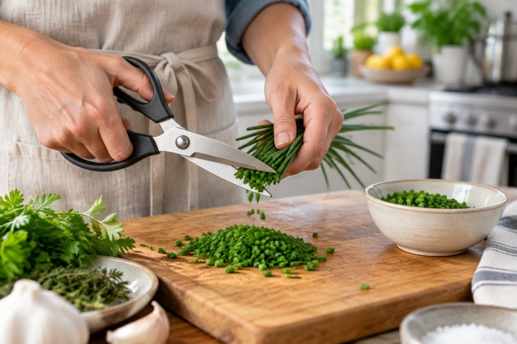 Stainless steel kitchen shears snipping fresh chives over a wooden cutting board