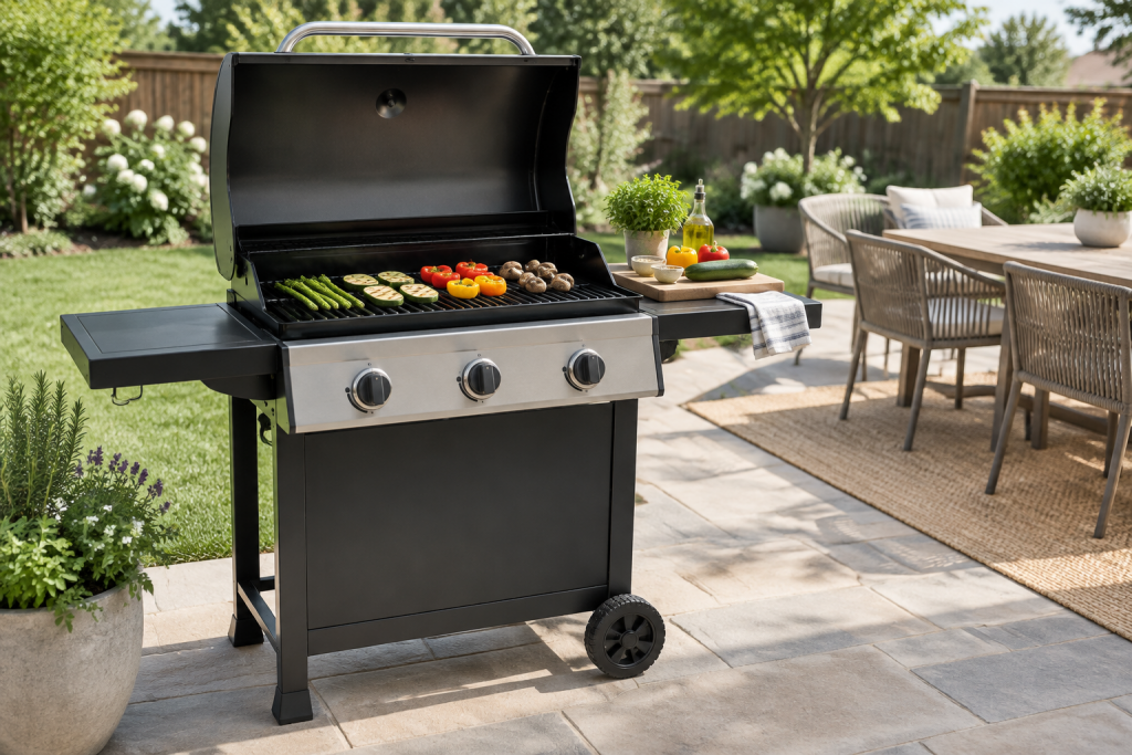 Three-burner gas grill on an open backyard patio