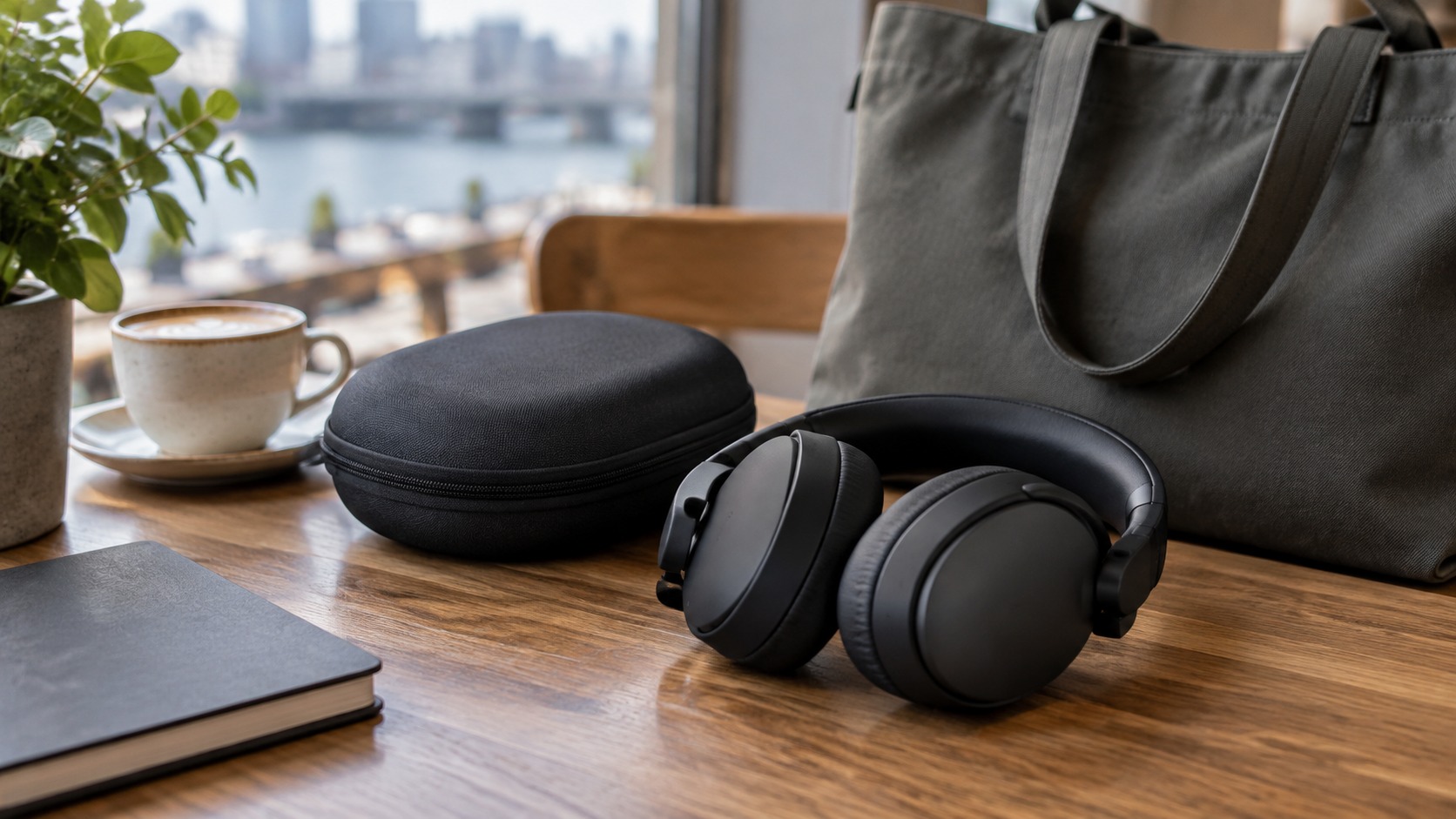 AI illustration of portable headphones beside a cafe travel bag, not a listed product