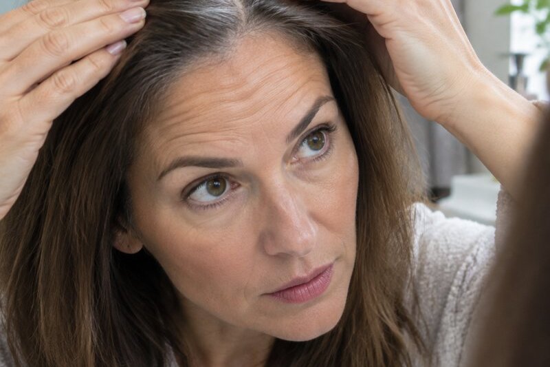 A woman checking gray roots at her part line in a bathroom mirror