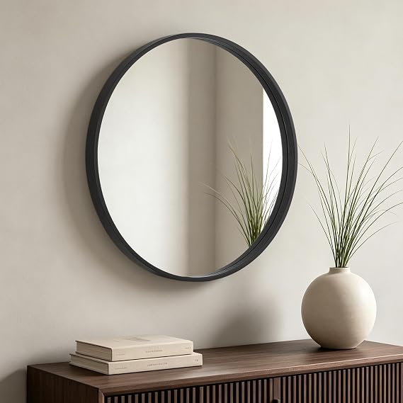 HOMECOOKIN 24-Inch Black Wood Round Mirror