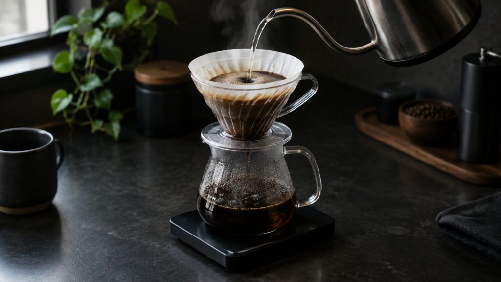 Water pouring from a gooseneck kettle into a paper filter dripper sitting on a slim black coffee scale