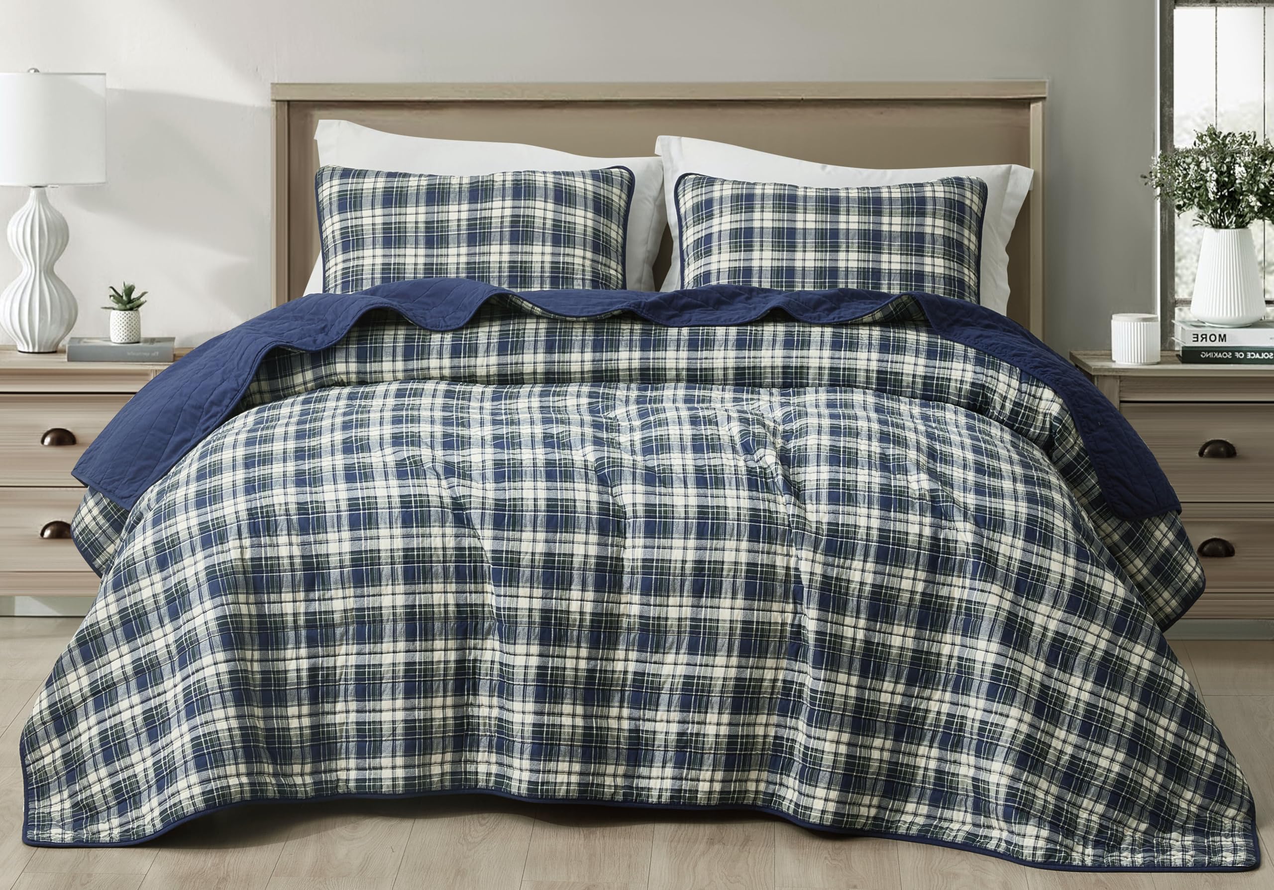 Chezmoi Collection Chad 3-Piece Printed Plaid Cotton Quilt Set in blue green plaid