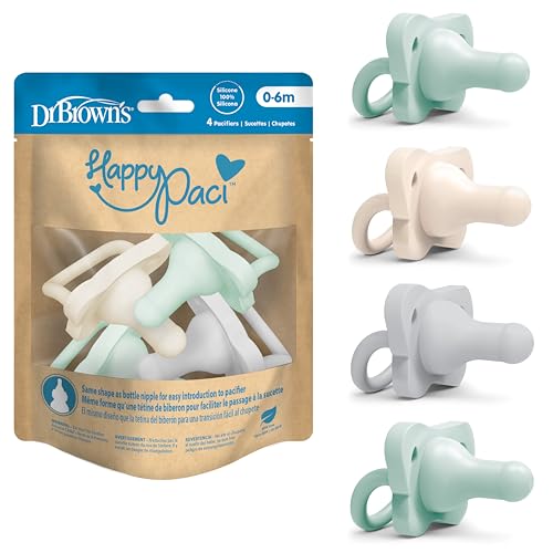 Dr. Brown's HappyPaci 100% Silicone Baby Pacifier, Contoured One-Piece Design, 0-6m, BPA-Free, 4-Pack