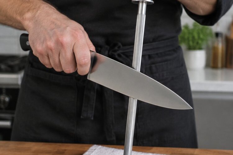 A cook honing a chef knife on a steel rod held upright on a towel