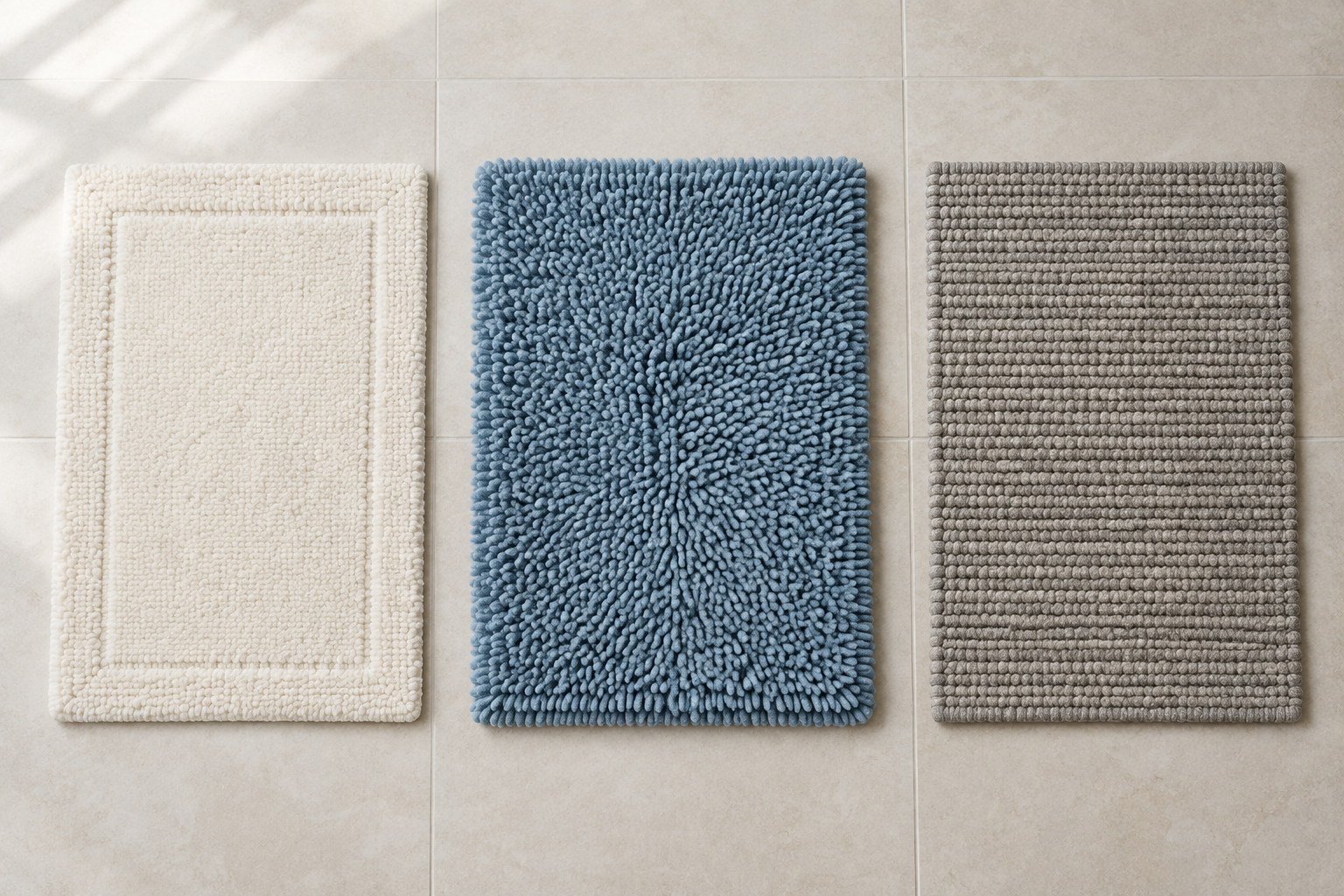 Illustrative comparison of three bath rug textures on a dry floor