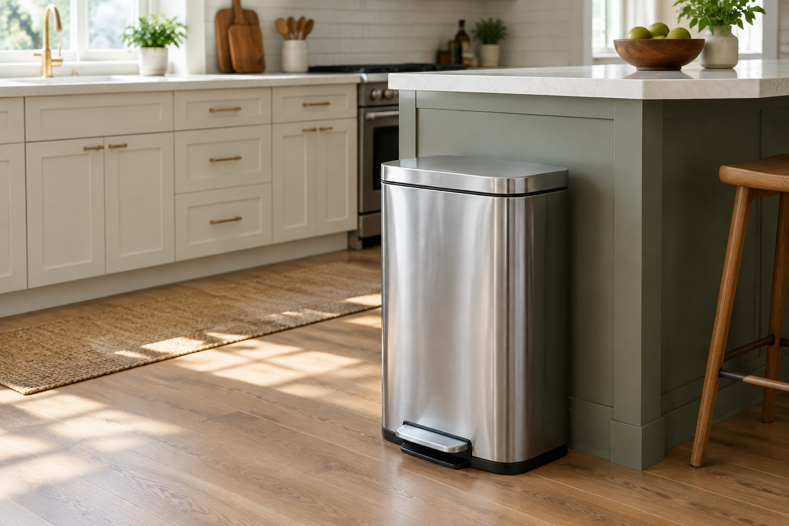 Brushed stainless step trash can beside a kitchen island