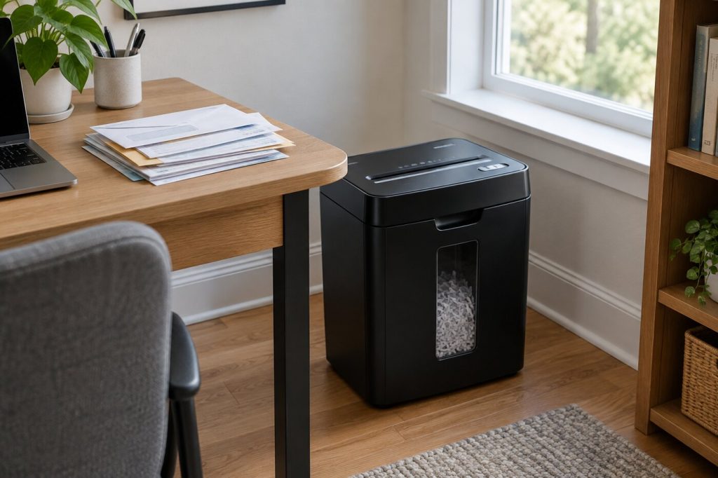 A compact black cross-cut paper shredder next to a home office desk with a stack of envelopes