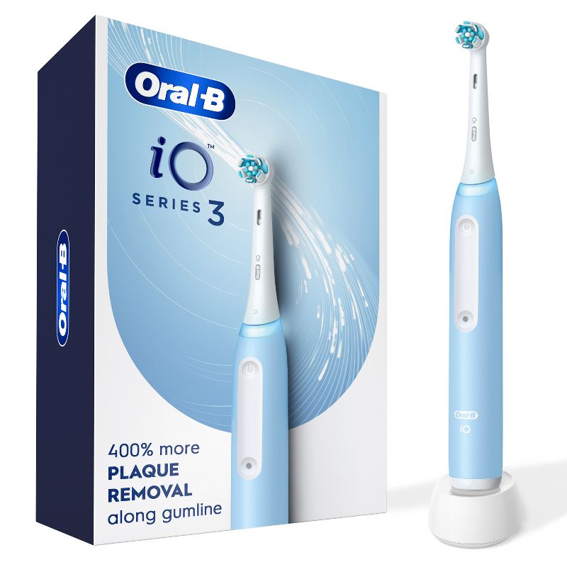 Oral-B iO Series 3 light blue toothbrush with charging stand