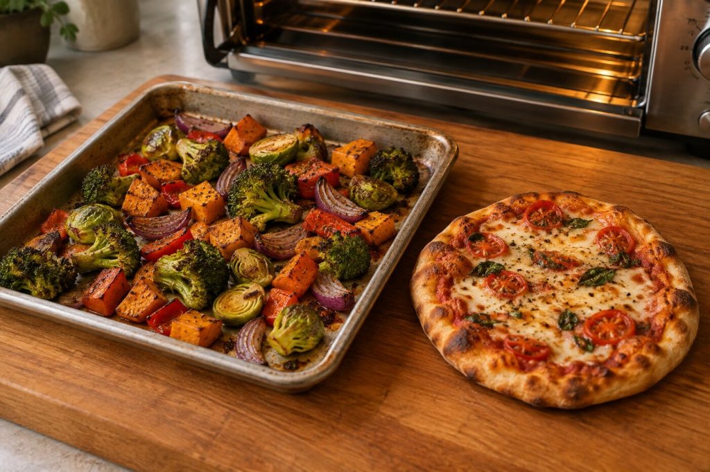 Roasted vegetables on a small sheet pan and a baked mini pizza from a toaster oven