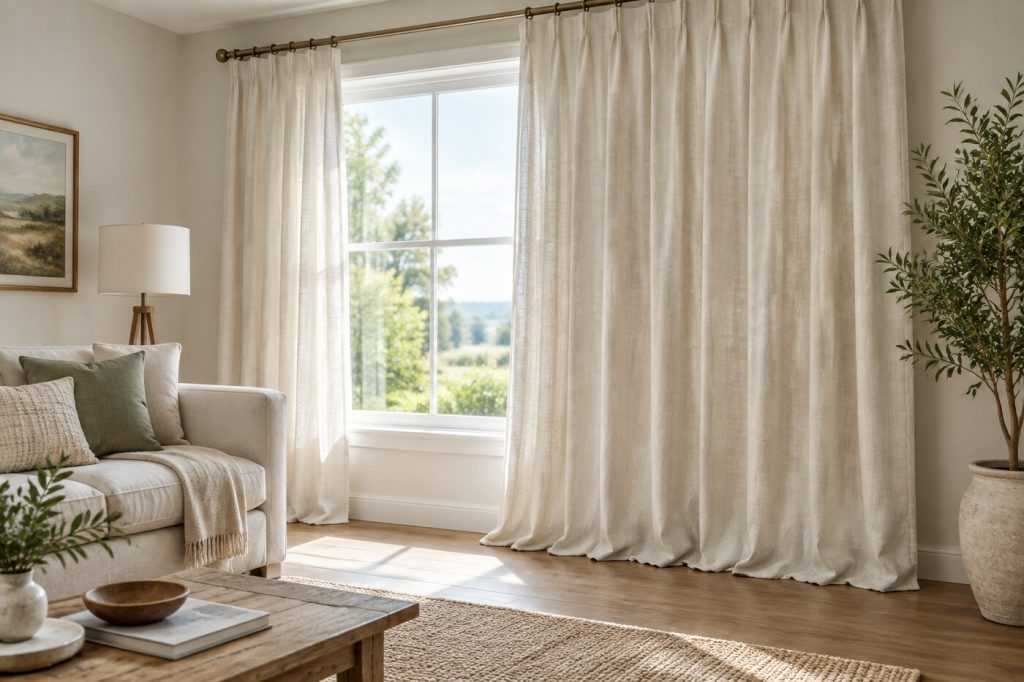 Cream linen-look curtains on a wide rod in a bright living room, one panel open