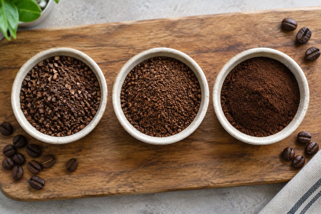 Three dishes of coffee grounds showing coarse, medium, and fine grind sizes