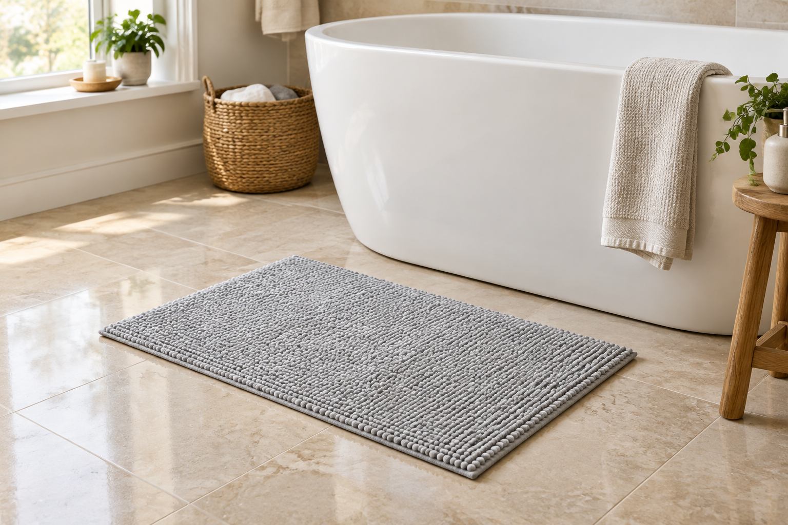 Illustrative gray bath rug on a dry bathroom floor