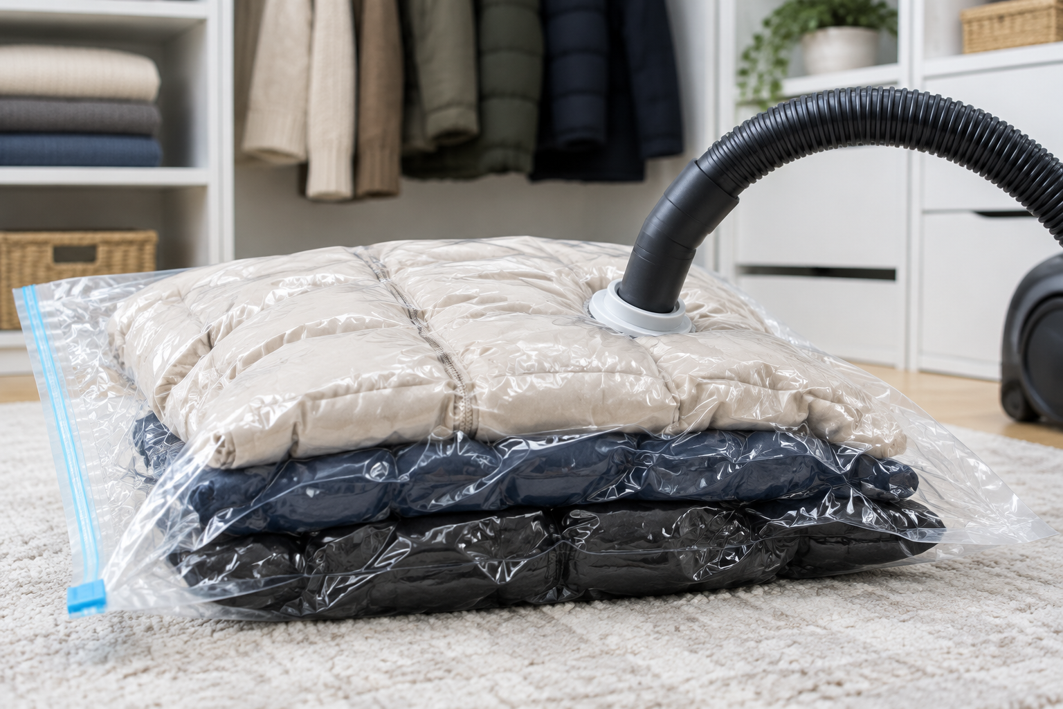 Compressing a vacuum storage bag with a vacuum hose