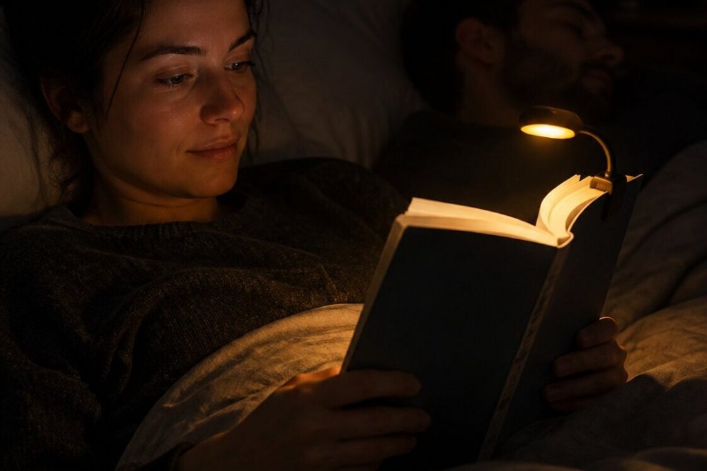 A woman reading a paperback in bed at night by a small warm clip-on book light while her partner sleeps beside her