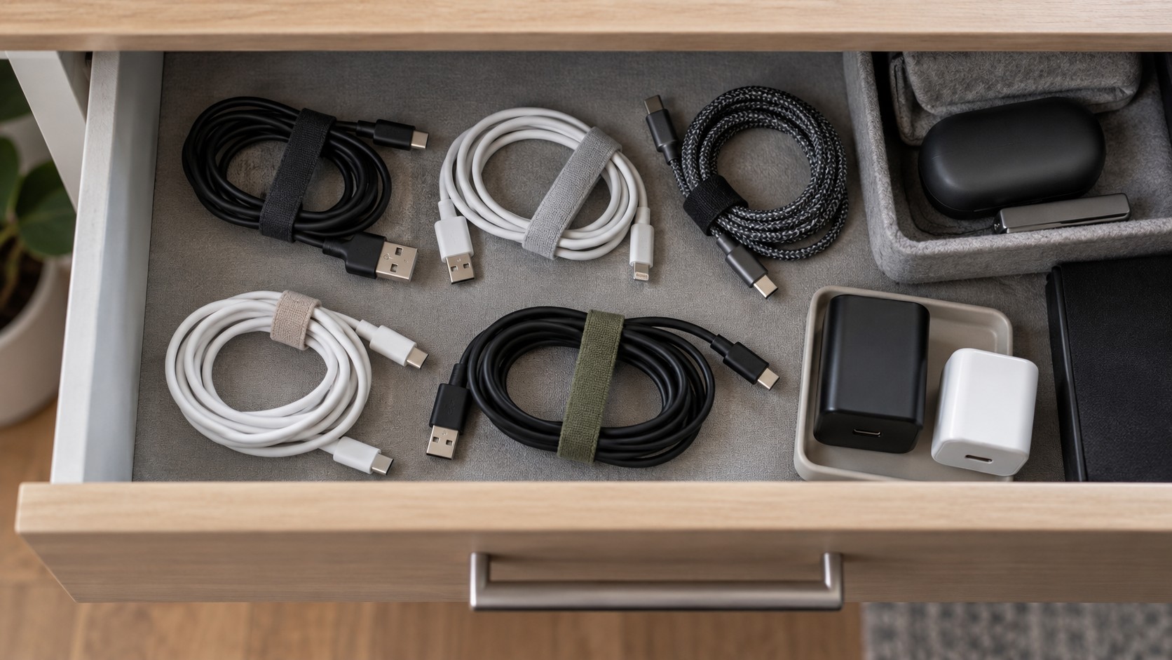 Stock photo of loosely bundled disconnected cables in a desk drawer, not a listed product