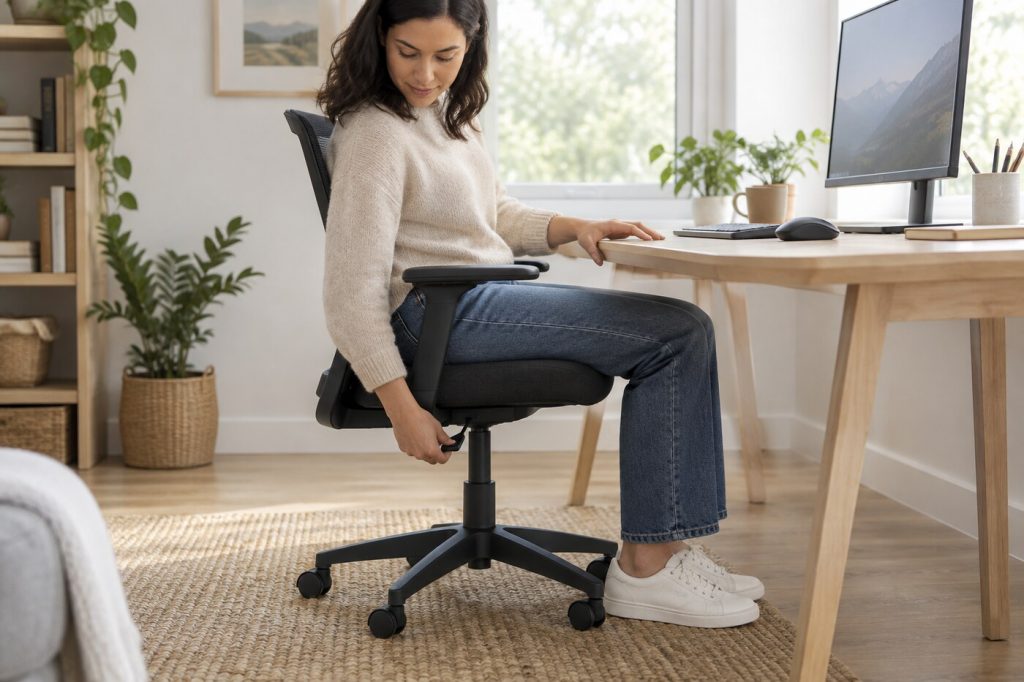 Illustrative image of a seated person adjusting an office chair; unbranded