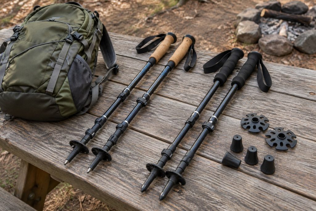 Two pairs of collapsible trekking poles with cork and foam grips on a picnic table with rubber tips and baskets