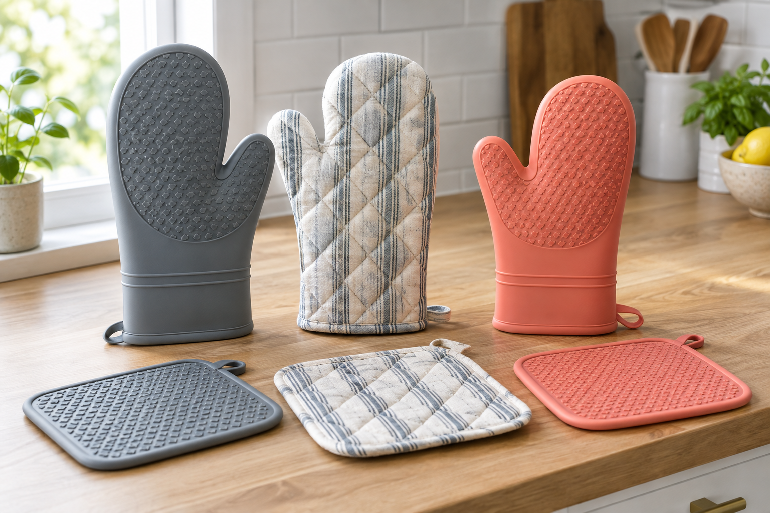 Oven mitts and pot holders on a kitchen counter