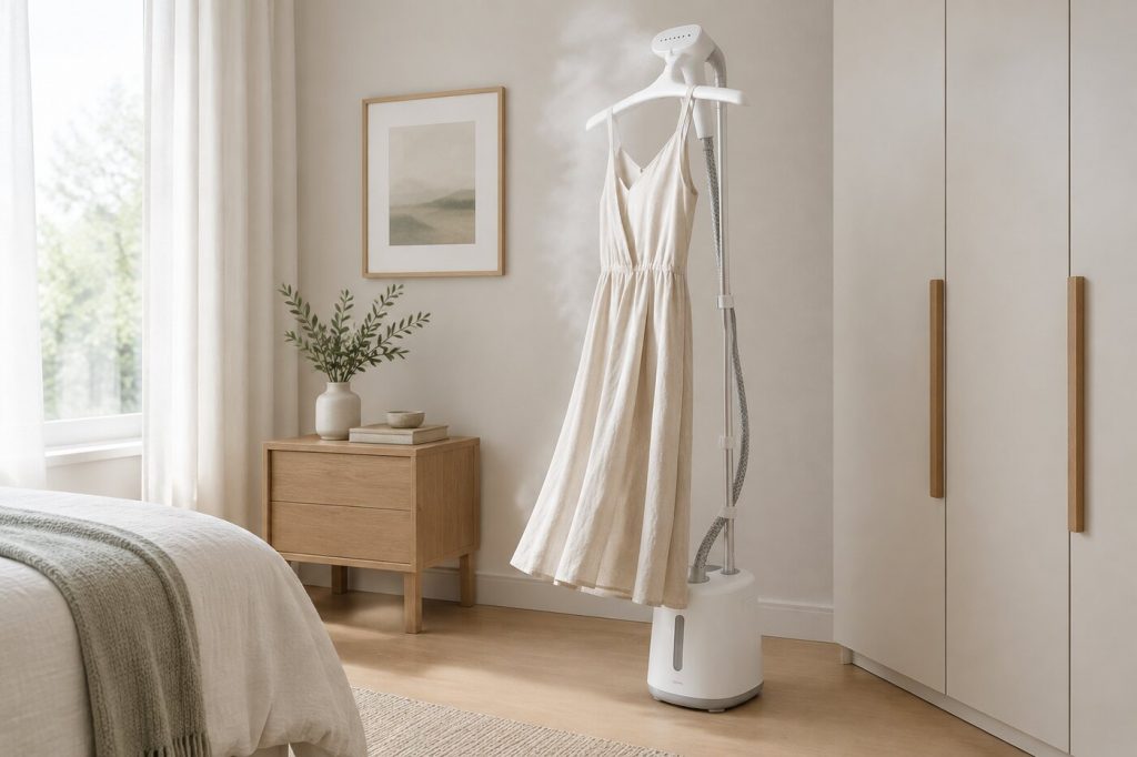 A white upright garment steamer with a linen dress on its built-in hanger in a bright bedroom