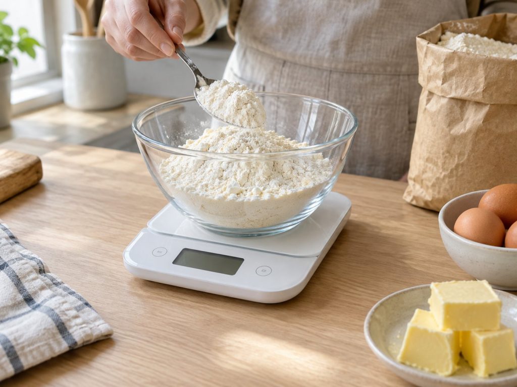 A baker spooning flour into a glass bowl on a white digital kitchen scale, with eggs and butter nearby