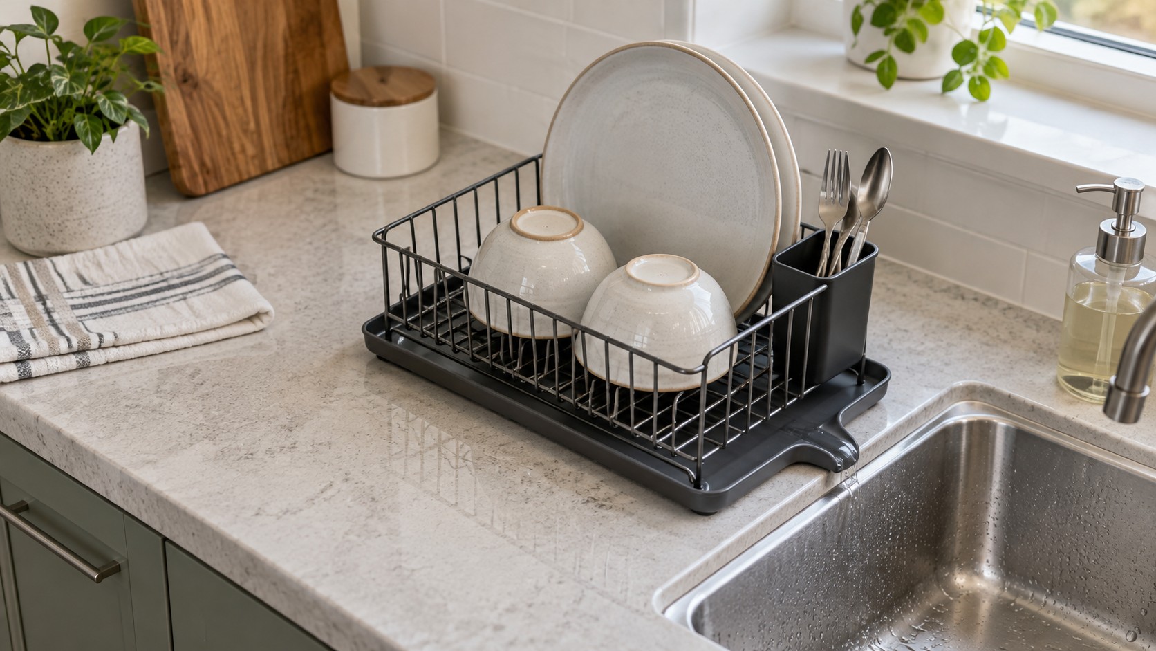 Stock photo of a generic dish drying rack beside a kitchen sink, not a listed product