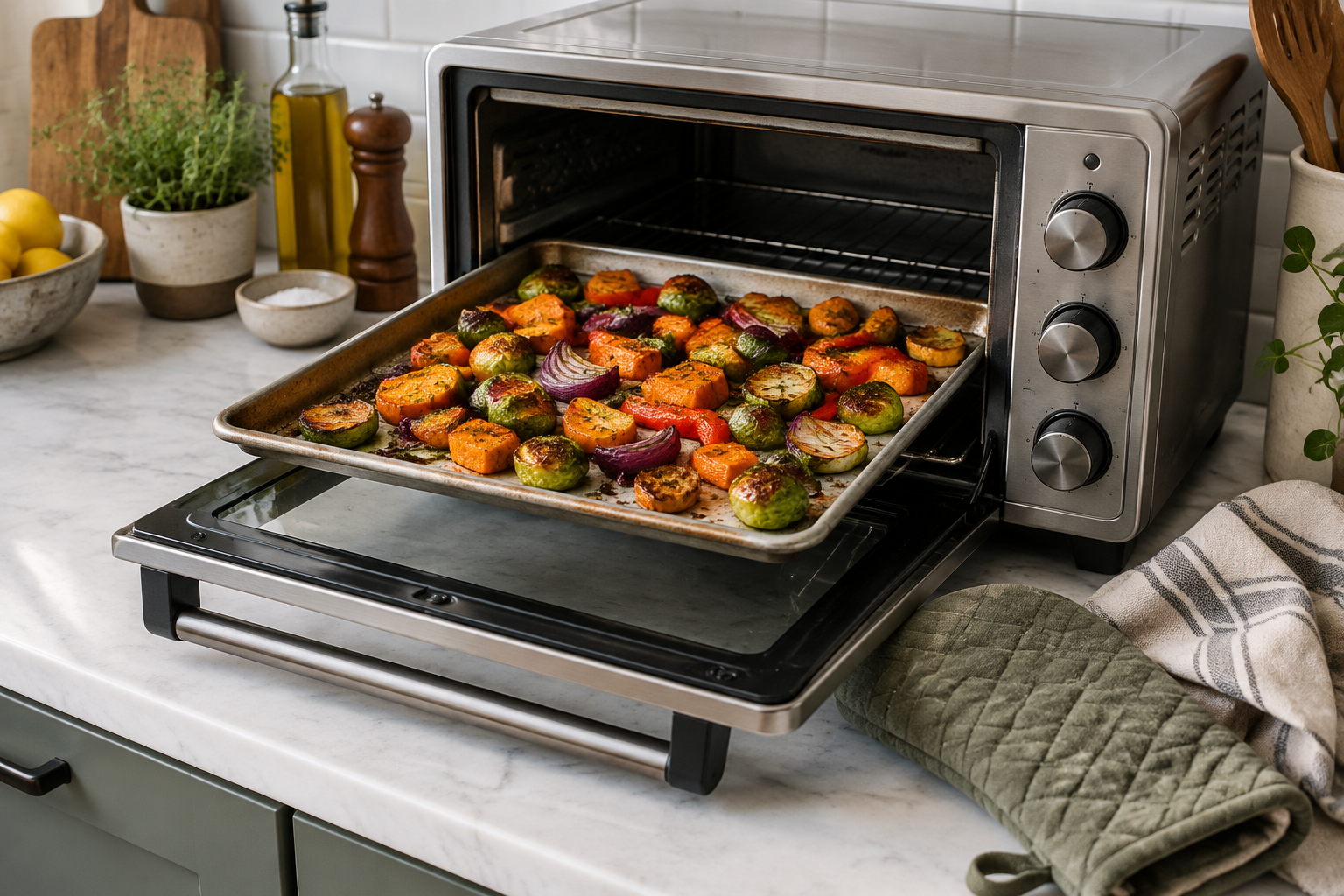 Roasted vegetables on a pan beside a countertop toaster oven