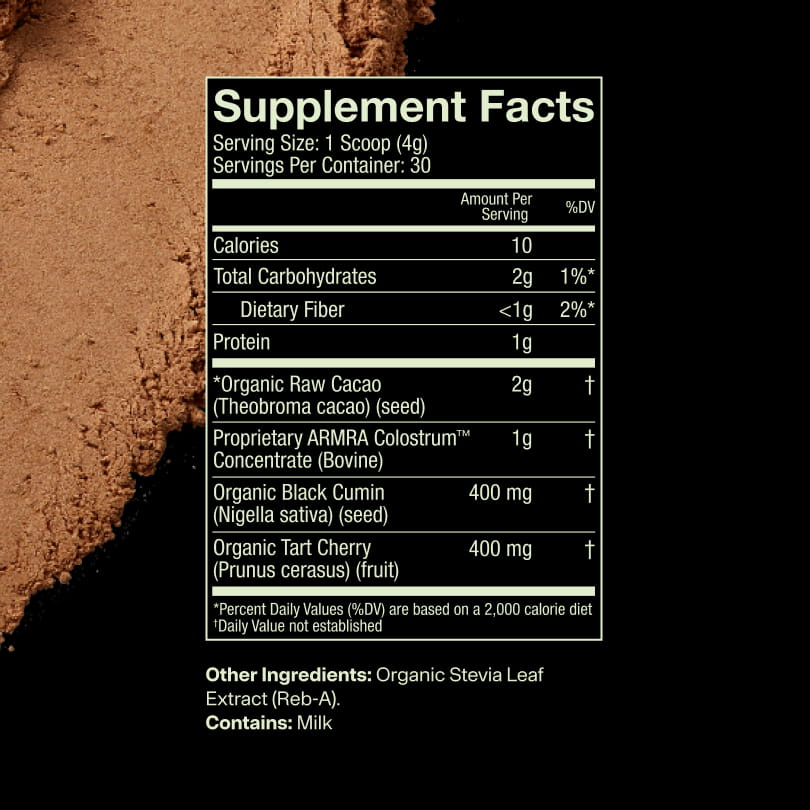 Ingredients and serving view for a chocolate colostrum blend