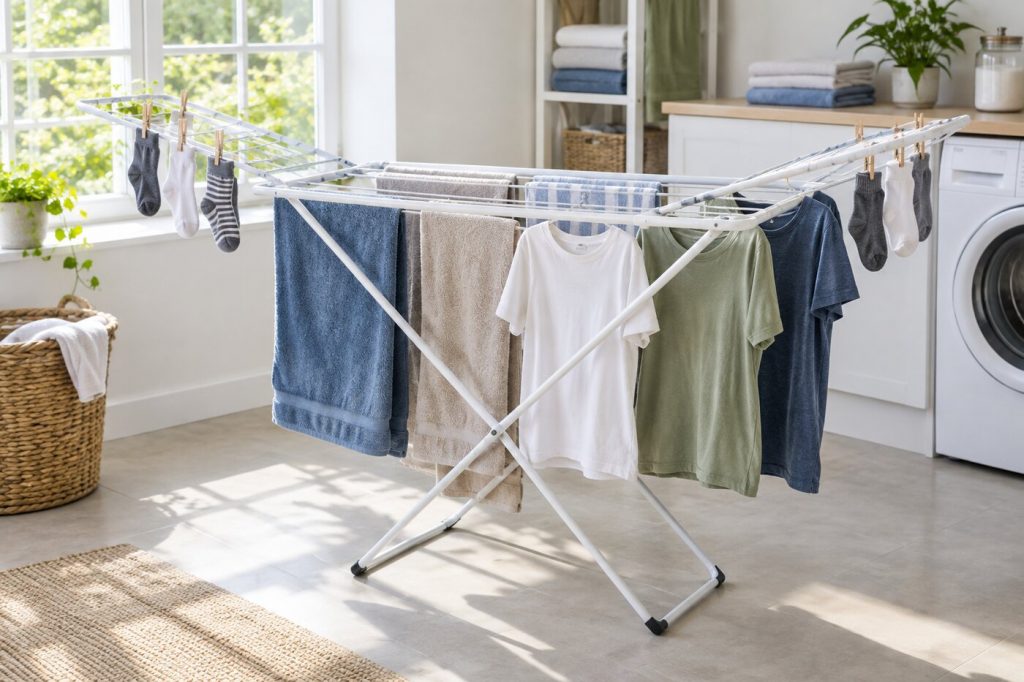 A white folding gullwing drying rack with towels, shirts, and socks in a bright laundry room