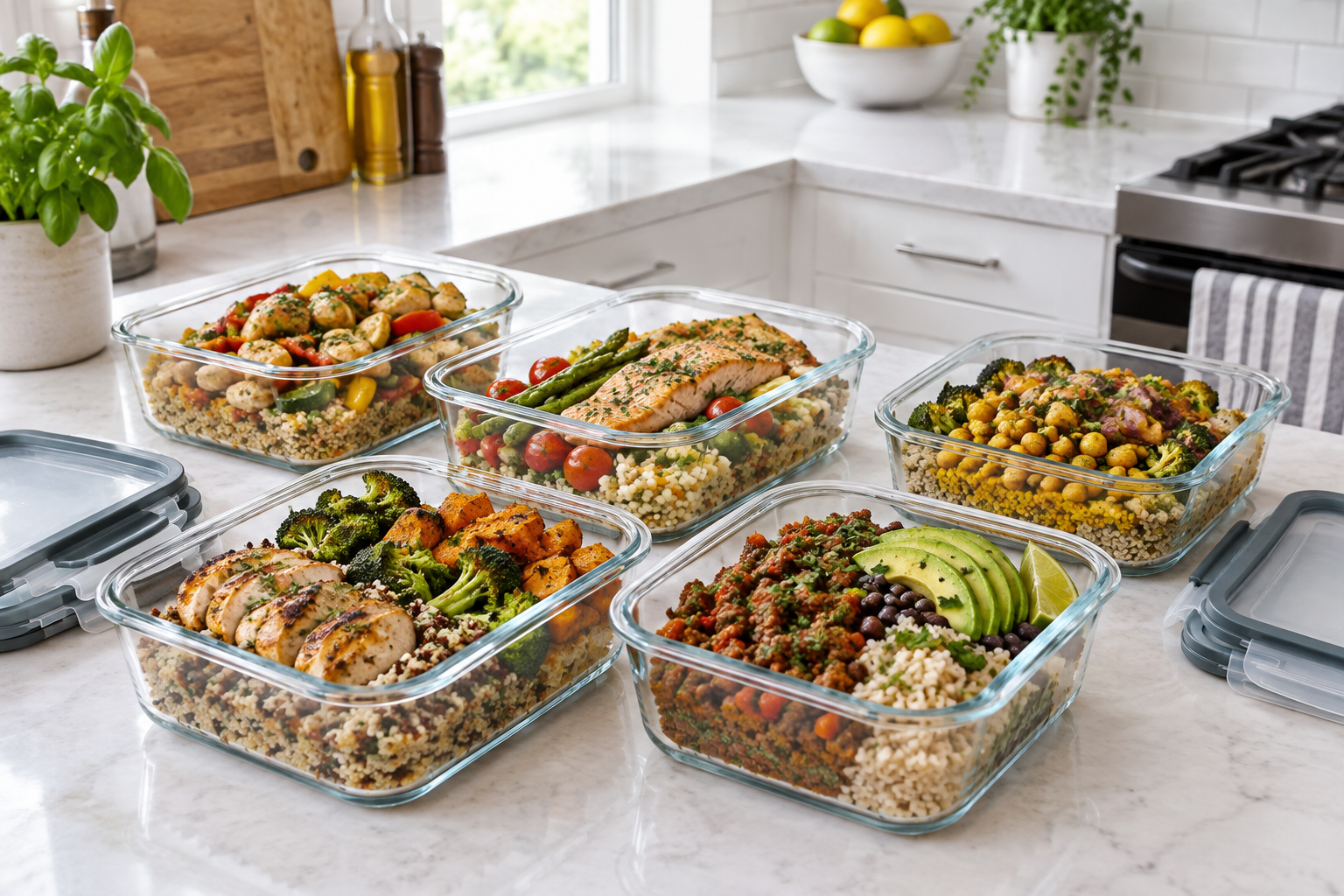 Five glass meal prep containers filled with cooked food on a kitchen counter