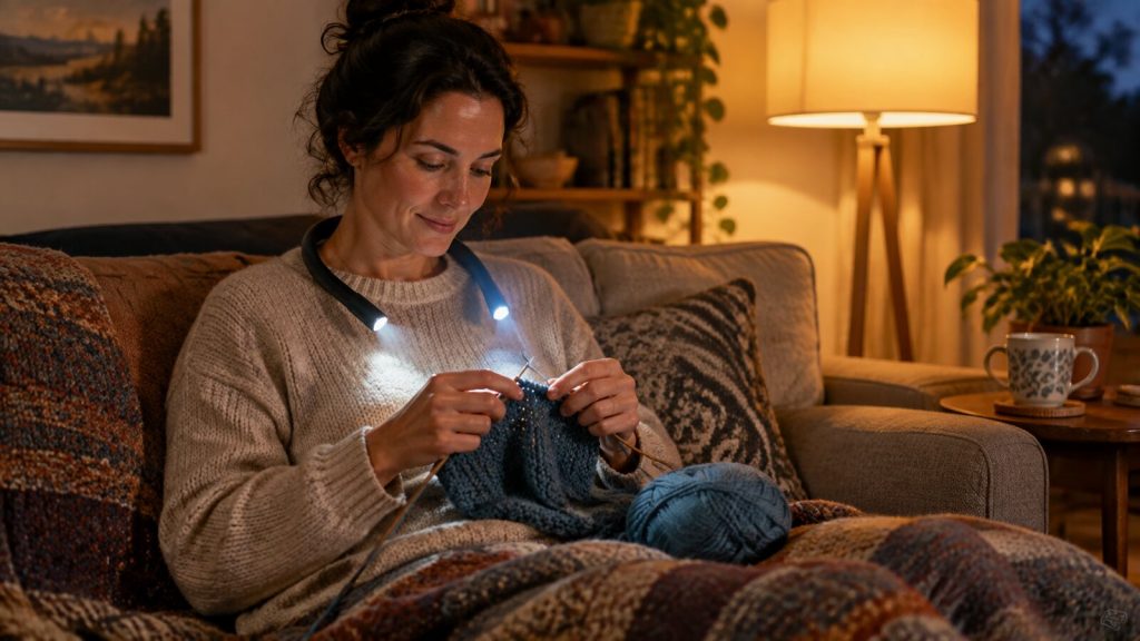 A woman on a sofa in the evening knitting with blue yarn while wearing a flexible neck light that shines on her hands
