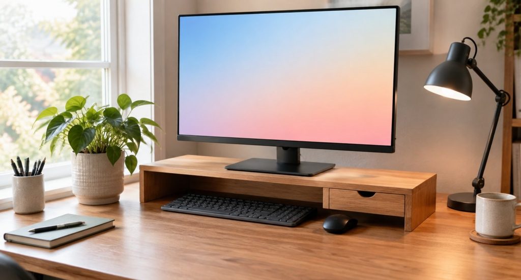 A computer monitor raised on a wooden riser with a drawer and a keyboard stored underneath on a home office desk