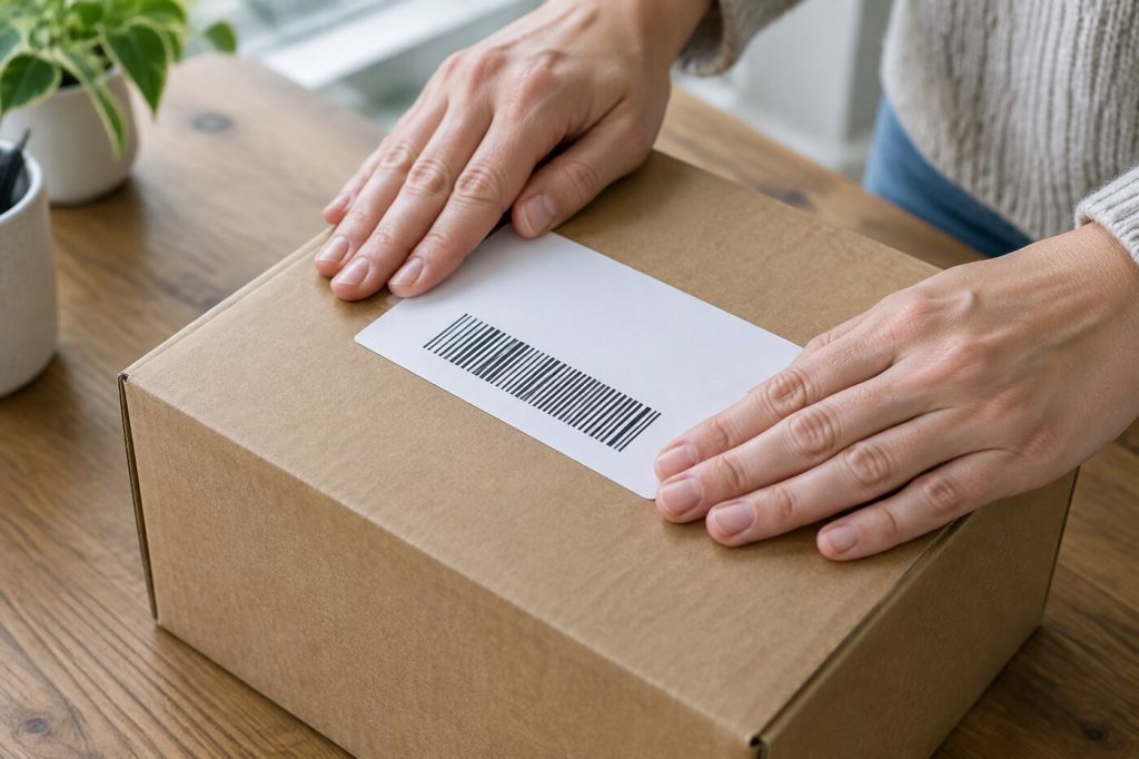 Hands pressing a plain white shipping label onto a kraft cardboard box