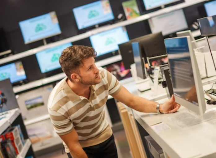 man buying monitor in mall