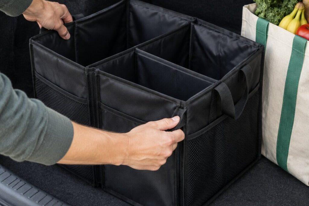 Hands opening a black collapsible two-section trunk organizer with mesh side pockets inside a sedan trunk next to a canvas grocery tote