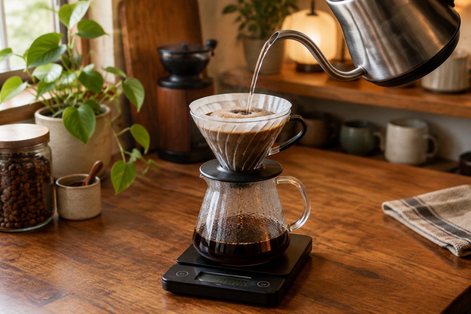 A gooseneck kettle pouring a thin stream of water over a pour-over coffee dripper on a digital scale