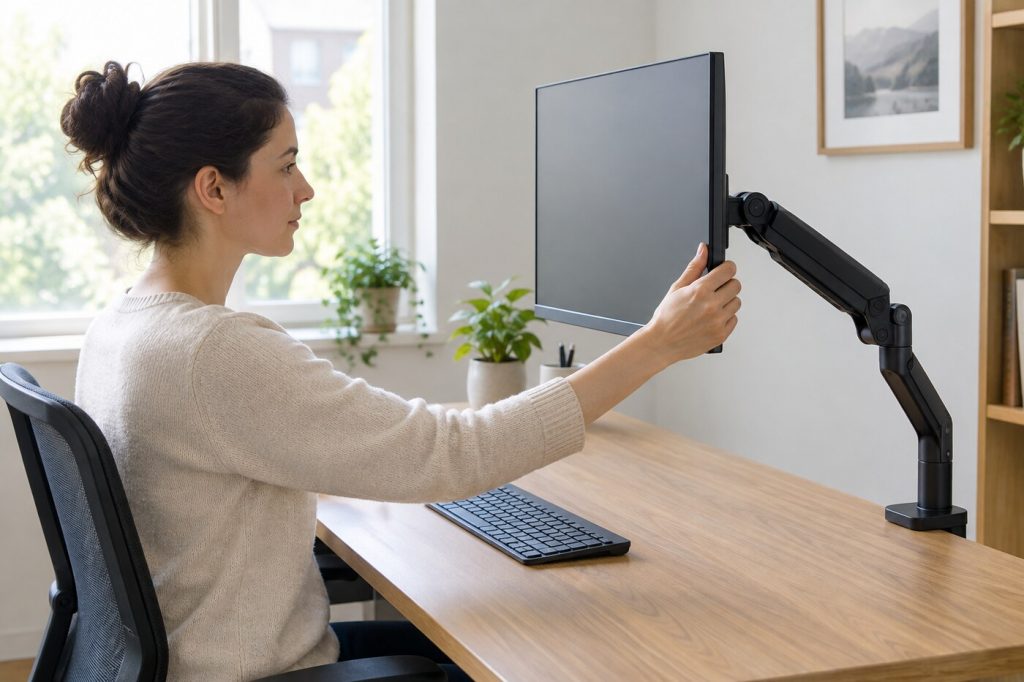 Person adjusting a screen on an unbranded monitor arm; illustrative image