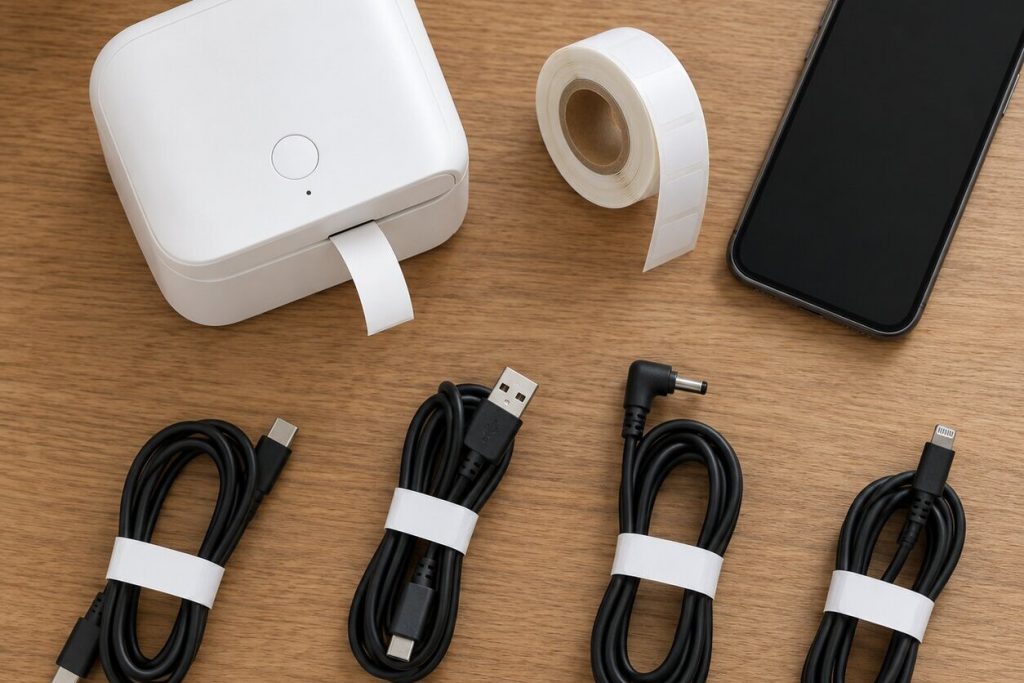 A small white Bluetooth label printer next to a smartphone and a roll of label tape, with four black charging cables each wrapped with a white label