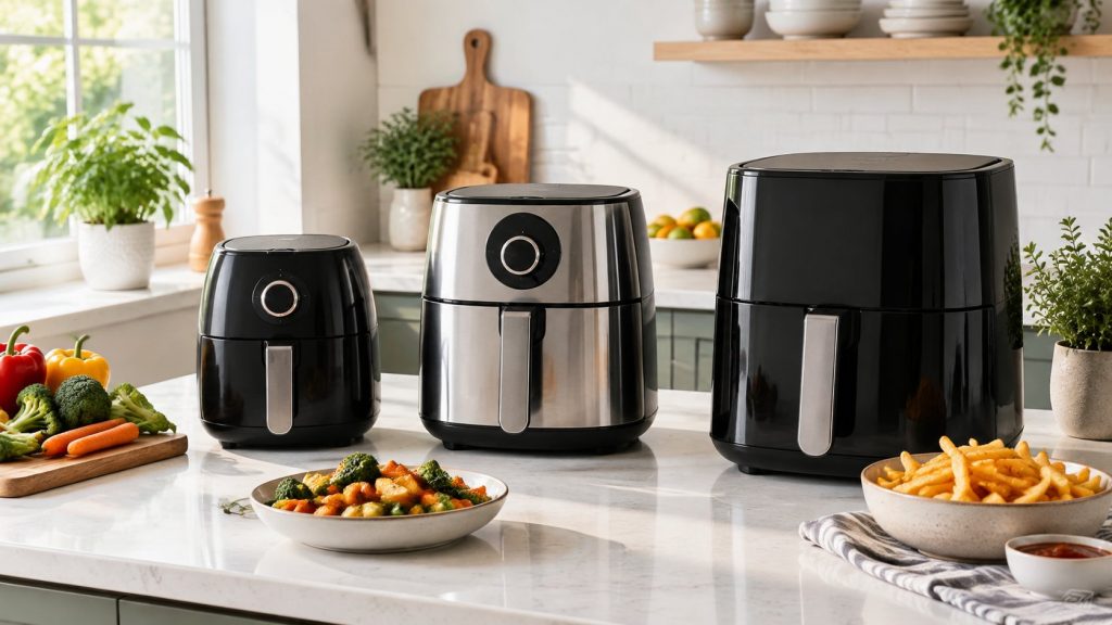 Three air fryer sizes on a kitchen counter