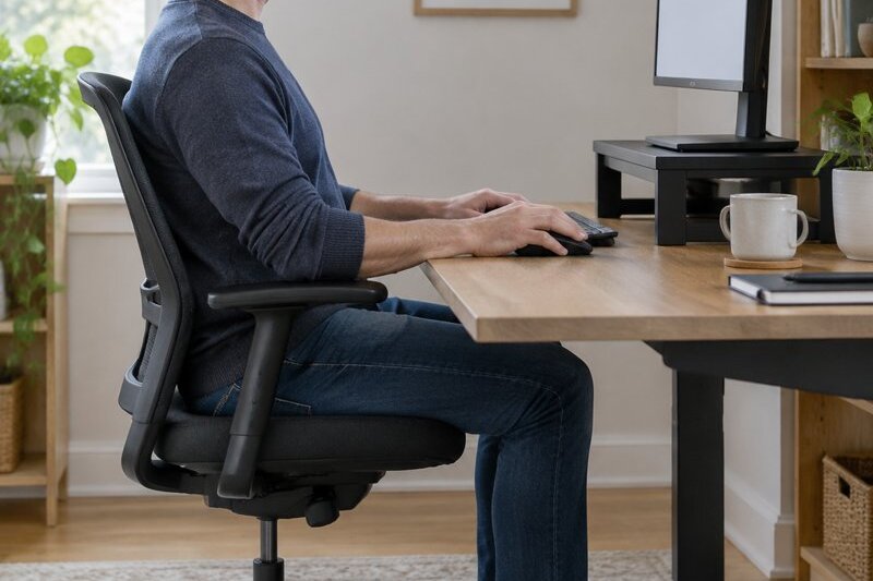 A man sitting upright at a desk looking straight ahead at a monitor raised on a riser