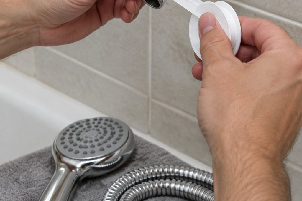 Hands wrapping thread seal tape around a shower arm with a new handheld shower head, hose, and wrench on a towel