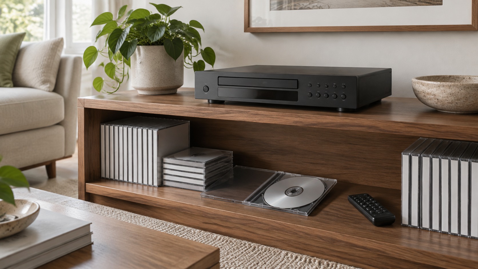 AI illustration of a generic disc player on a media shelf, not a listed product