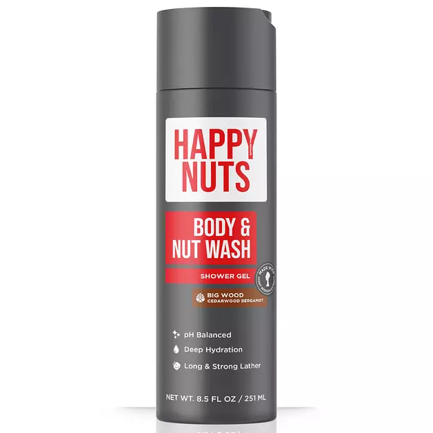 HAPPY NUTS Big Wood Body and Nut Wash - Moisturizing Men's Shower Gel, Natural Bodywash with Deep Cleanse for Sensitive Skin - Men's Body Soap (8.5 Fl Oz (Pack of 1), Big Wood)