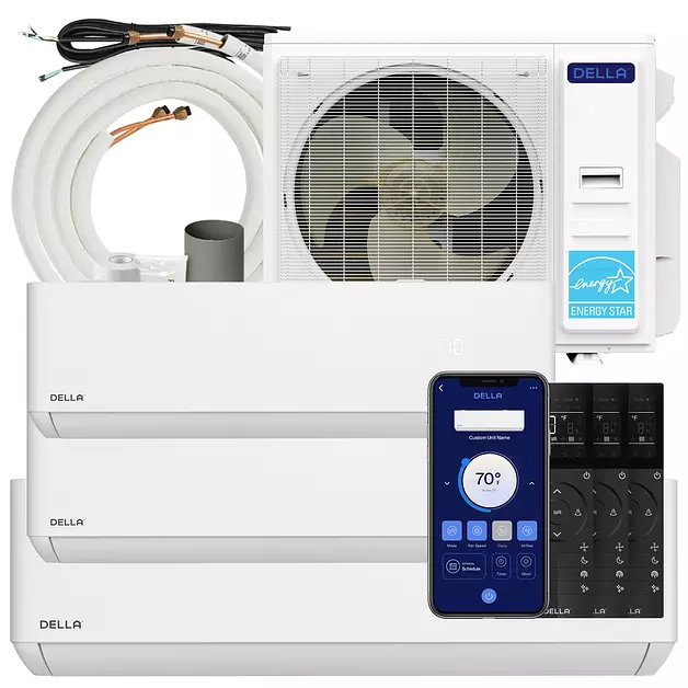 Della 36K BTU ODU 3 Zone (9K 12K 24K BTU) Cools Up to 2450 Sq.Ft, 24 SEER2 208-230V Multi Zone, Works with Alexa and Wifi, Energy Efficient Mini Split Air Conditioner Pre-Charged Heat Pump Full Set